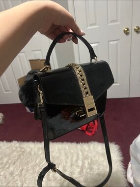 Aldo Black Patent Crossbody Top-Handle Bag with Gold Chain
